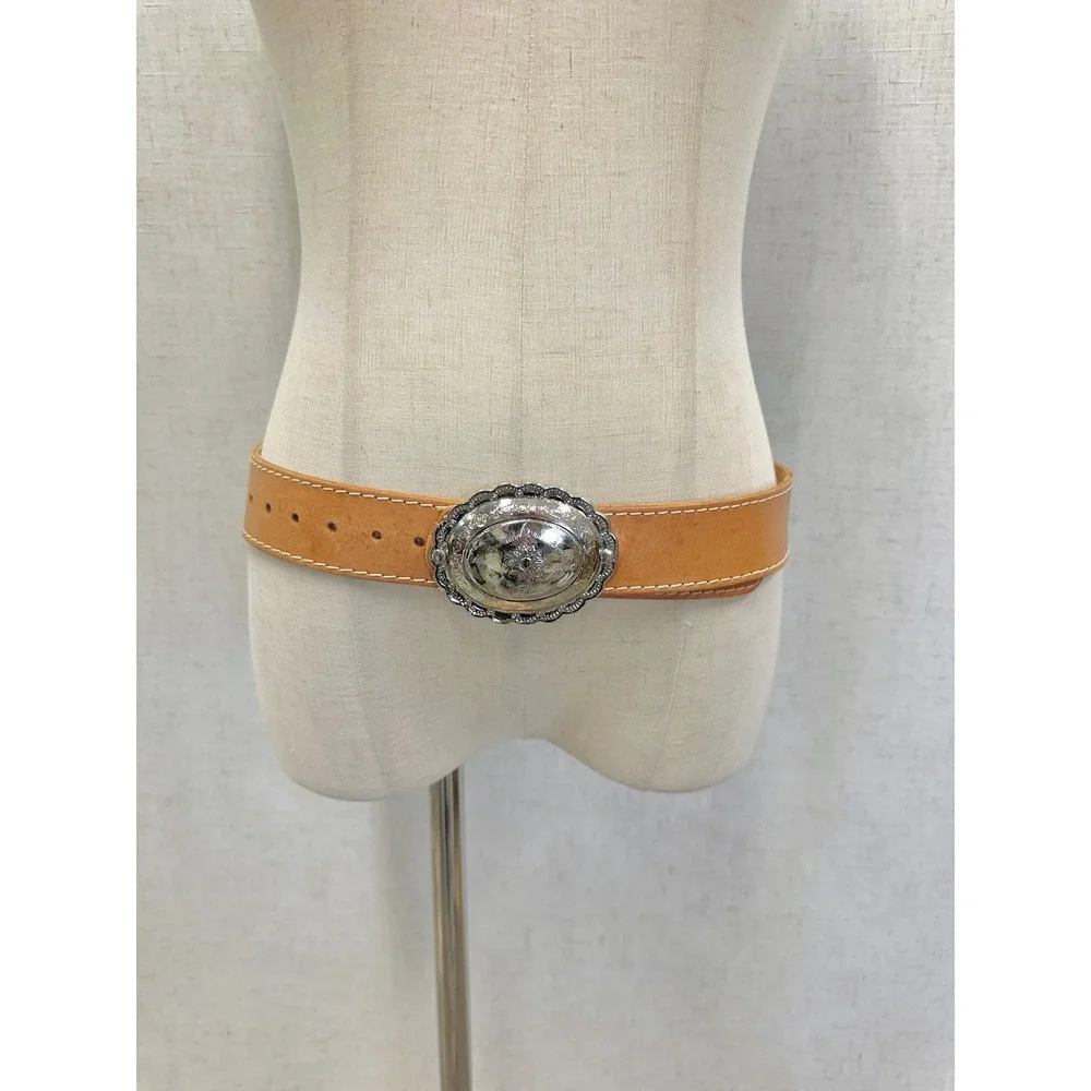 Carole Little Tan Leather Silver Concho Belt Womens Size M Western Boho 90s